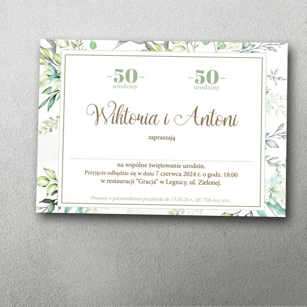 zaproszenie na podwójne urodziny botaniczne zielone liście eleganckie