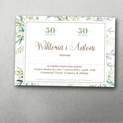 zaproszenie na podwójne urodziny botaniczne zielone liście eleganckie