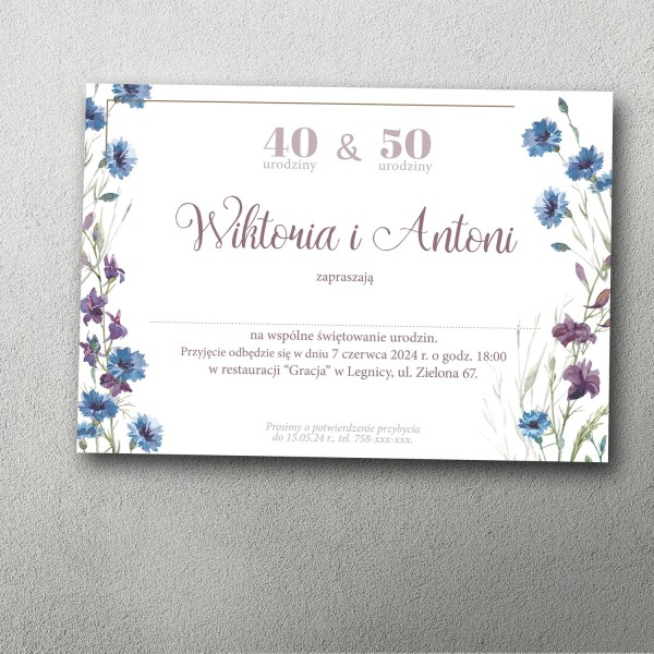 zaproszenie na podwójne urodziny chabry kwiatowe delikatna grafika