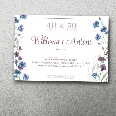 zaproszenie na podwójne urodziny chabry kwiatowe delikatna grafika
