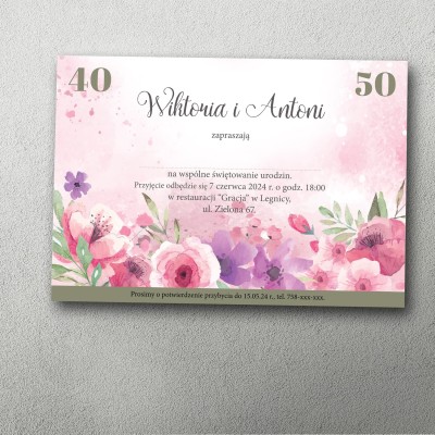 zaproszenie na podwójne urodziny różowe kwiatowe łąkowa grafika