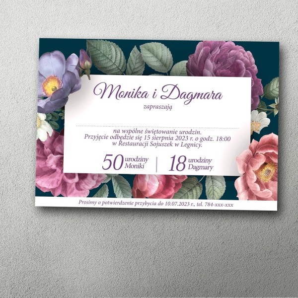 zaproszenie na podwójne urodziny ciemne kwiatowe nocna grafika