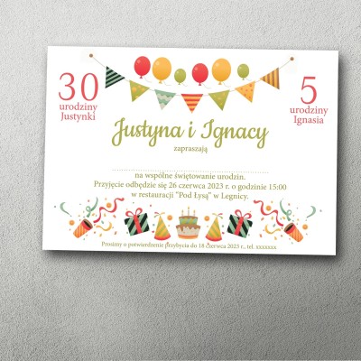 zaproszenie na podwójne urodziny dzieci balony kolorowe grafika