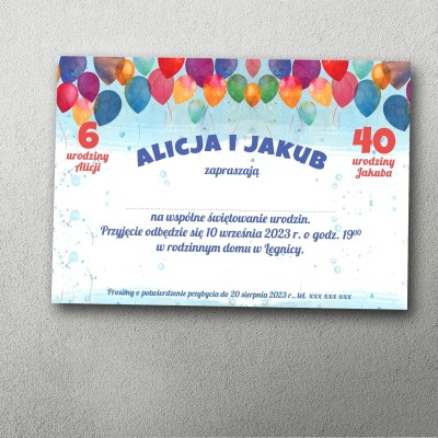 zaproszenie na podwójne urodziny dzieci balony u góry kolorowe