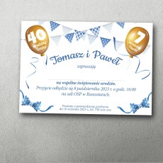 Zaproszenie z niebieskimi proporczykami, muszkami i złotymi balonami.