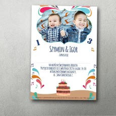 Zaproszenie ze zdjeciem dzieci i torcikiem