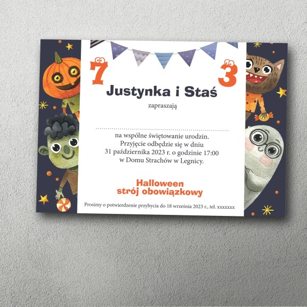 zaproszenie na podwójne urodziny halloween dzieci zabawne potworki
