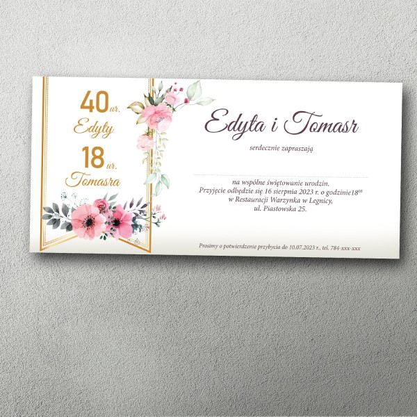 zaproszenie na podwójne urodziny format dl złote kwiatowe eleganckie