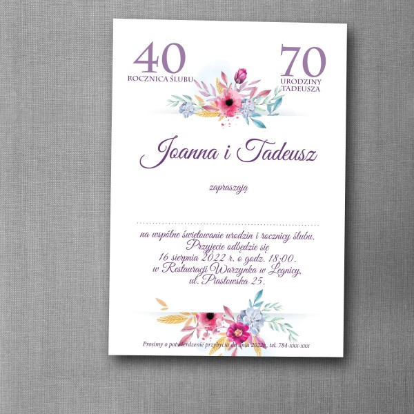 Zaproszenie na urodziny i rocznicę ślubu z purpurowymi kwiatami