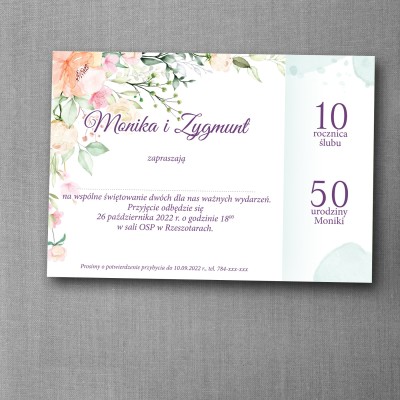 Zaproszenie na urodziny i rocznicę ślubu z delikatną kwiatową grafiką