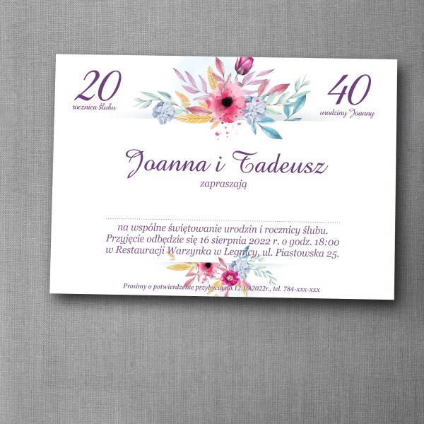 Zaproszenie na urodziny i rocznicę ślubu z purpurową grafiką kwiatową