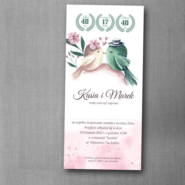 Zaproszenie dwa w jednym na urodziny i rocznicę w formacie DL z kwiatową grafiką
