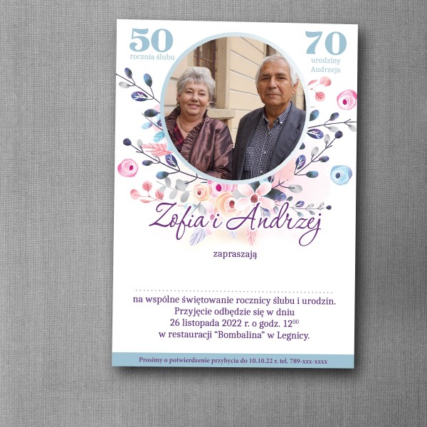 Zaproszenie na urodziny i rocznicę z kwiatową ramką i okrągłym zdjęciem