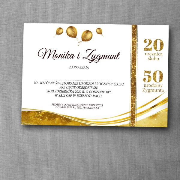 Zaproszenie na urodziny i rocznicę ślubu Złote Gody w biało-złotej kolorystyce