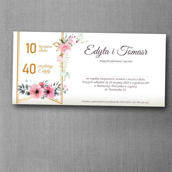 Zaproszenie dwa w jednym na urodziny i rocznicę w formacie DL ze złotymi akcentami