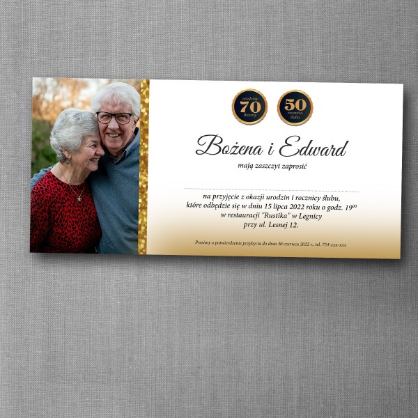 Zaproszenie na rocznicę ślubu i urodziny ze złotymi akcentami w formacie DL