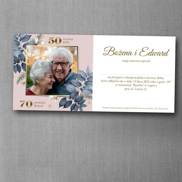 Zaproszenie 2 w 1 na rocznicę ślubu i urodziny z liściastą grafiką w formacie DL