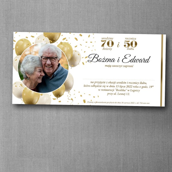 Zaproszenie na złote gody i urodziny w eleganckiej biało-złotej stylistyce DL