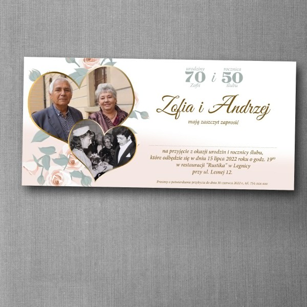 Zaproszenie dwa w jednym na rocznicę ślubu i urodziny w formacie DL z kwiatami