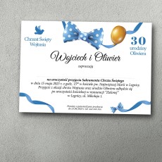 Zaproszenie na chrzest i urodziny z niebieską muchą i balonami