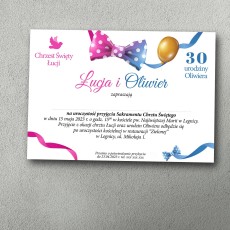 Kolorowe zaproszenie na chrzest i urodziny z muchą i balonami