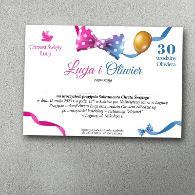 Kolorowe zaproszenie na chrzest i urodziny z muchą i balonami