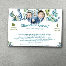 Zaproszenie na chrzest i urodziny z zielonym motywem liści