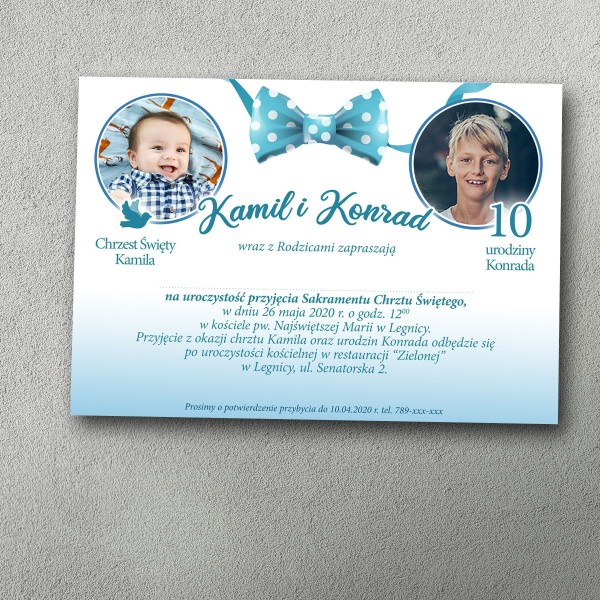 Zaproszenie dla dzieci na chrzest i urodziny z niebieską muchą na środku.