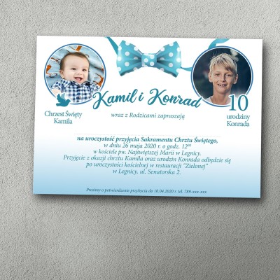 Zaproszenie dla dzieci na chrzest i urodziny z niebieską muchą na środku.