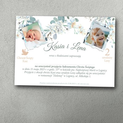 Zaproszenie na chrzest i urodziny z kwiatowym motywem w chłodnych kolorach