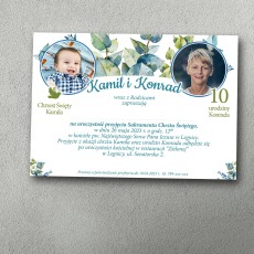 Zaproszenie na chrzest i urodziny z zielonym motywem liści