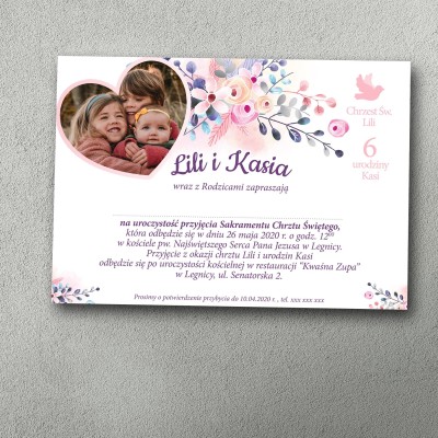 Zaproszenie na chrzest i urodziny w różowej kolorystyce z motywem serca