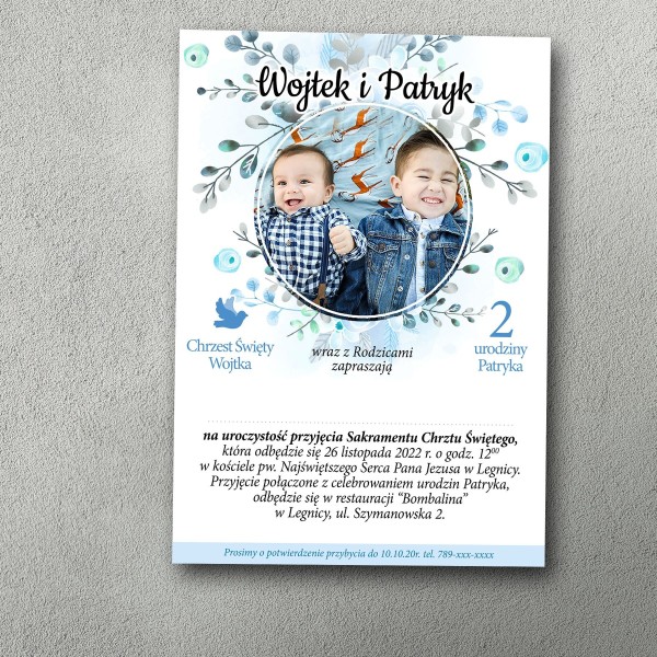 Zaproszenie na chrzest i urodziny w zimowym stylu z roślinną grafiką