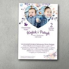Zaproszenie na chrzest i urodziny w fioletowej kolorystyce z kwiatami