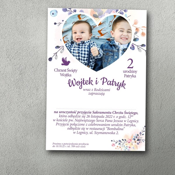 Zaproszenie na chrzest i urodziny w fioletowej kolorystyce z kwiatami