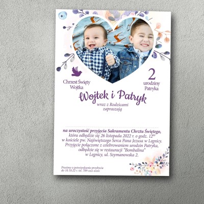 Zaproszenie na chrzest i urodziny w fioletowej kolorystyce z kwiatami