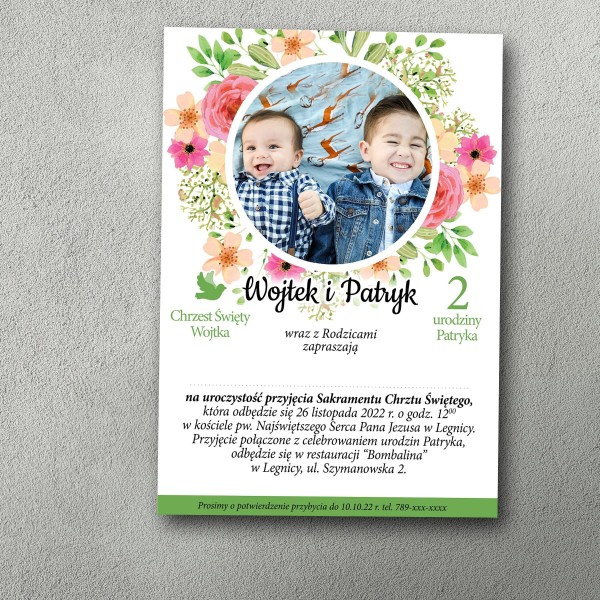 Zaproszenie na chrzest i urodziny z wiosennym motywem kwiatowym