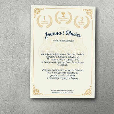 Zaproszenie na chrzest i urodziny w stylu eleganckiego certyfikatu