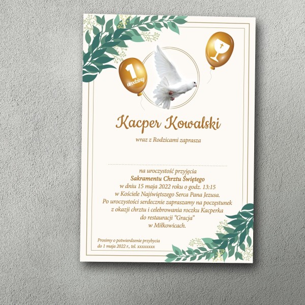 Zaproszenie na chrzest i roczek z zielonym motywem laurowym