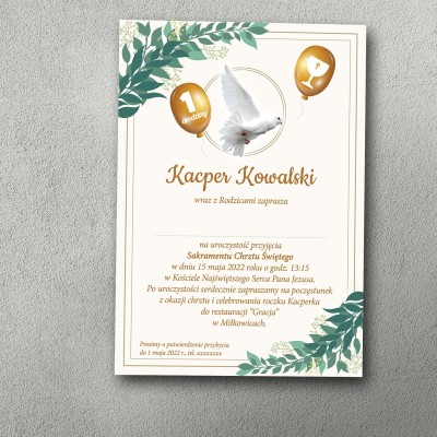 Zaproszenie na chrzest i roczek z zielonym motywem laurowym