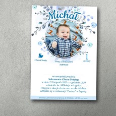 Zaproszenie na chrzest i roczek w zimowej stylistyce ze zdjęciem