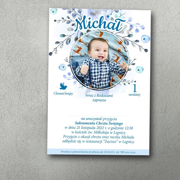 Zaproszenie na chrzest i roczek w zimowej stylistyce ze zdjęciem