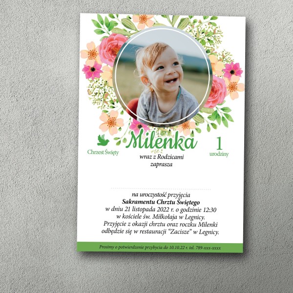 Zaproszenie na chrzest i roczek z wiosennym motywem kwiatowym