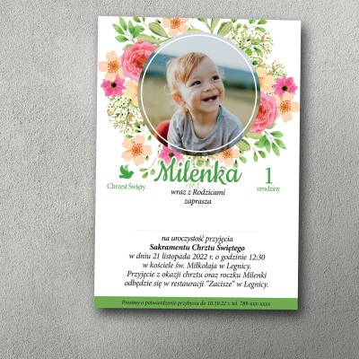 Zaproszenie na chrzest i roczek z wiosennym motywem kwiatowym