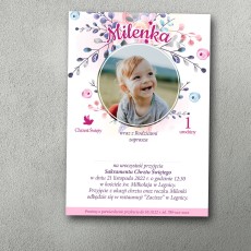 Różowe zaproszenie na chrzest i roczek z motywem dziecięcym