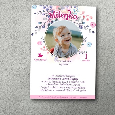 Różowe zaproszenie na chrzest i roczek z motywem dziecięcym