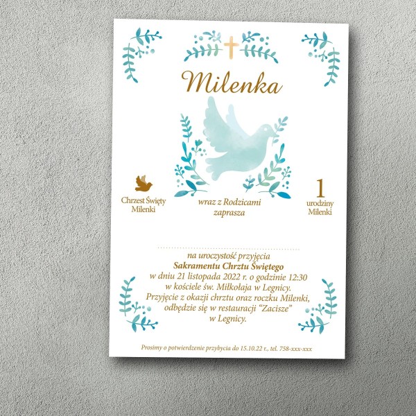 Zaproszenie na chrzest i roczek z błękitnym gołąbkiem i roślinną grafiką