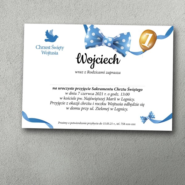 Zaproszenie na chrzest i roczek z motywem muchy i elegancką typografią