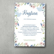 Jednostronne zaproszenie na chrzest ramką ozdobioną kwiatkami.