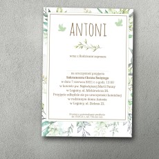 Klasyczne zaproszenie na chrzest z ozdobnym ramką w stylu roślinnym.